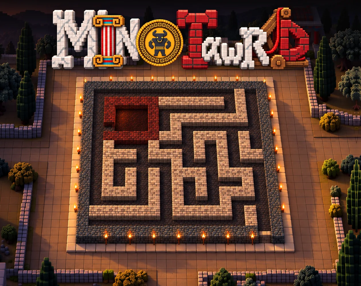 Εξώφυλλο του MinoTawrD: το λογότυπο πάνω από τον voxel λαβύρινθο