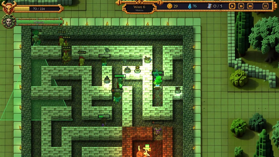 Medusa's green gaze washes over the labyrinth as her escort walks the corridors