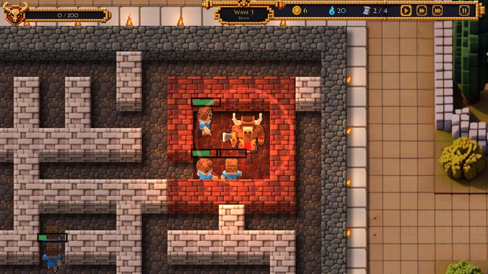 Close-up of the voxel Minotaur fighting invaders inside his den